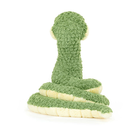 Jellycat Green and white snake-shaped plush toy on a white background