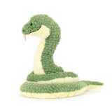 Jellycat Plush snake toy with green and beige colors on a white background