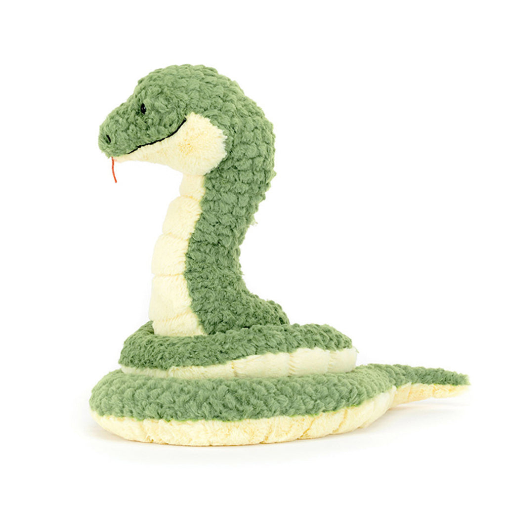 Jellycat Plush snake toy with green and beige colors on a white background