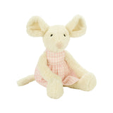 A plush toy in the shape of a mouse with a pink and white gingham dress.
