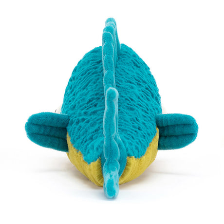 Teal and yellow plush fish toy on a white background