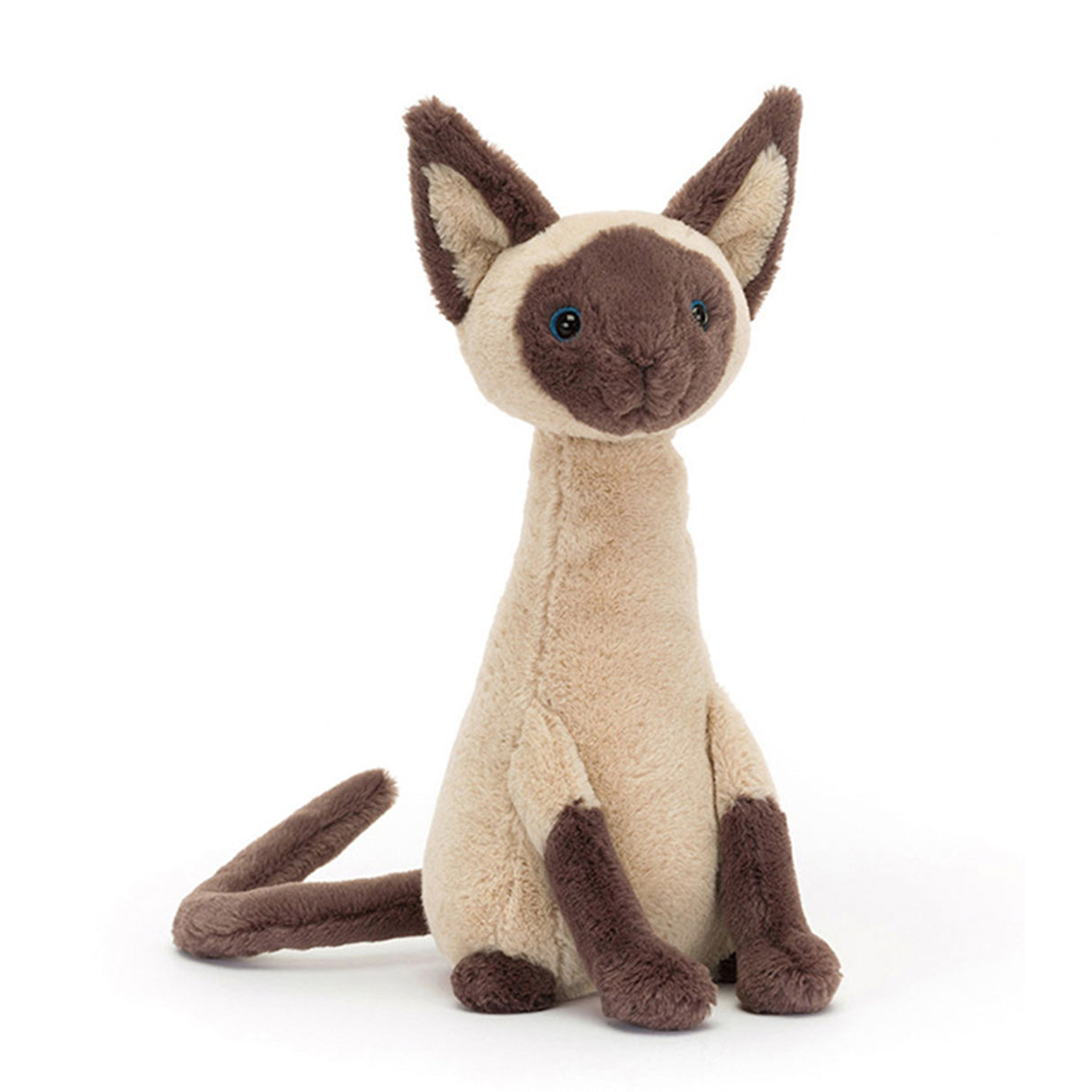 A plush toy resembling a Siamese cat with a beige body, brown ears, and a cocoa mask, sitting upright.