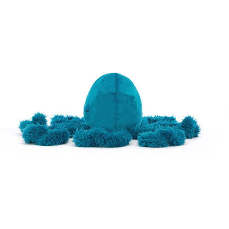 Teal jellycat jellyfish plush toy with fuzzy texture on a white background