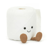 White plush toilet roll with a smiling face and brown feet on a white background
