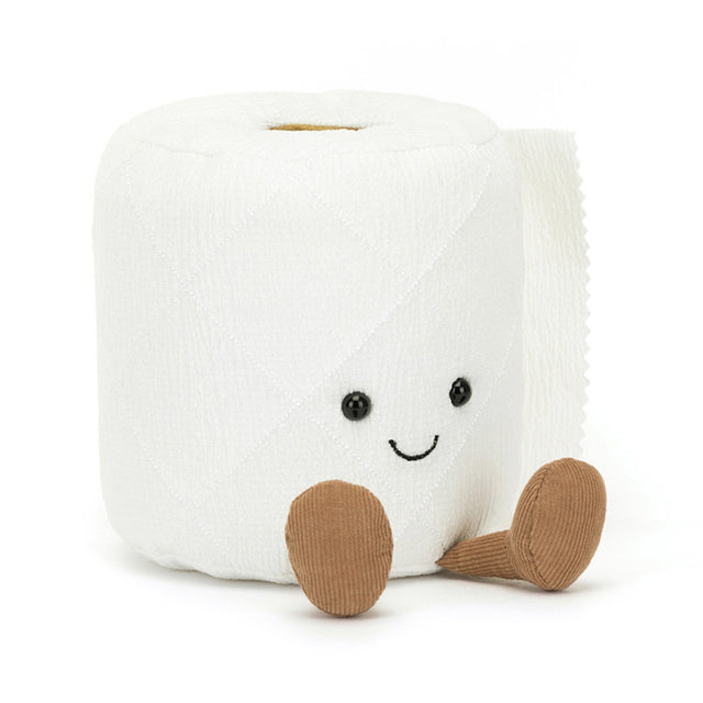 White plush toilet roll with a smiling face and brown feet on a white background