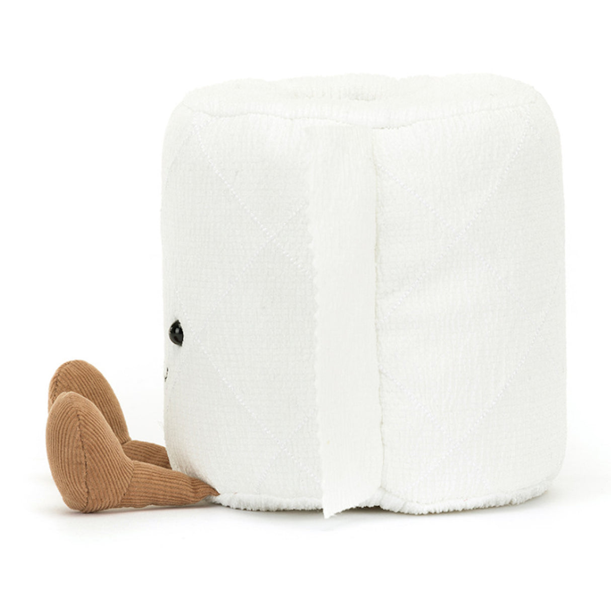 White plush toilet roll with a smiling face and brown feet on a white background