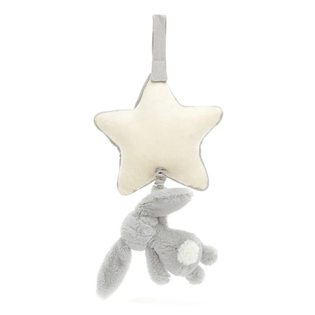 Star-shaped plush toy with a gray bunny attached on a white background