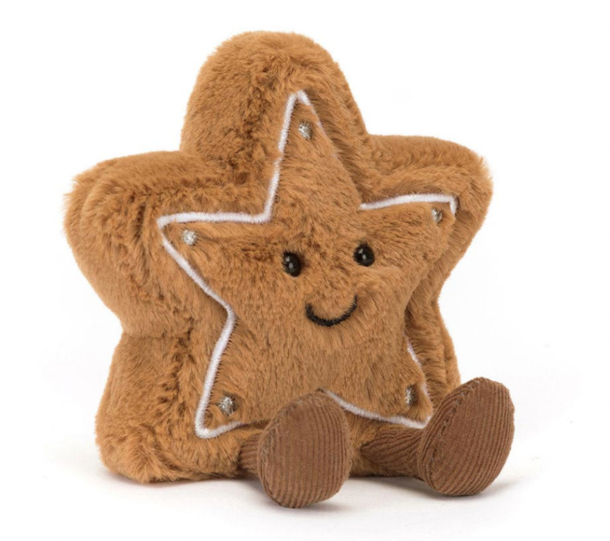 A plush toy resembling a star-shaped cookie with embroidered icing and toffee cord boots, primarily in brown color.