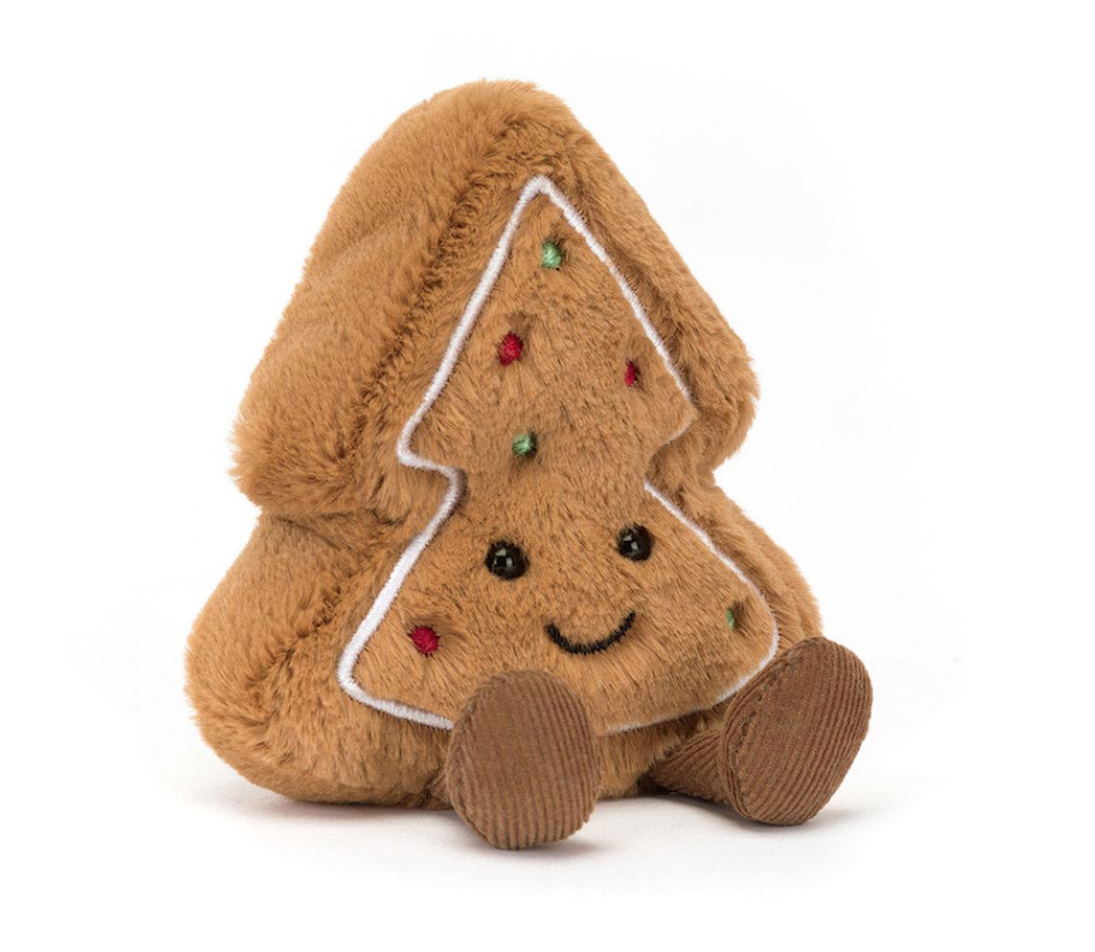 A plush toy resembling a Christmas tree cookie with brown fur, red and green embroidered baubles, and brown cord boots.