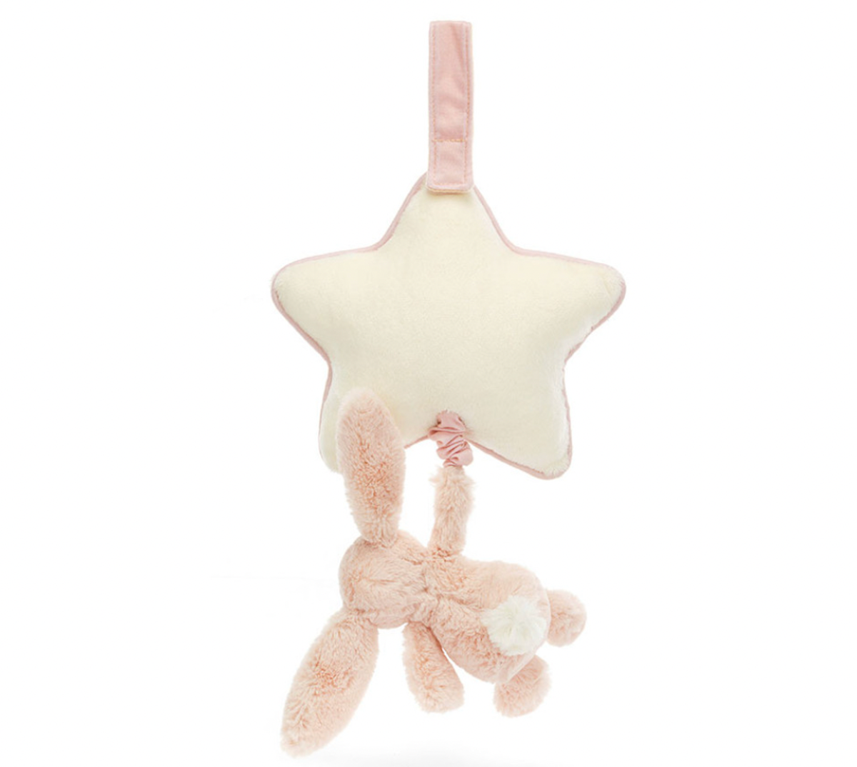 A plush blush pink bunny hanging from a star-shaped musical pull with a cream ribbon.