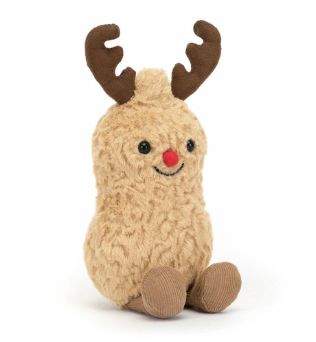 Peanut soft toy with smiling face, red nose, and reindeer antlers