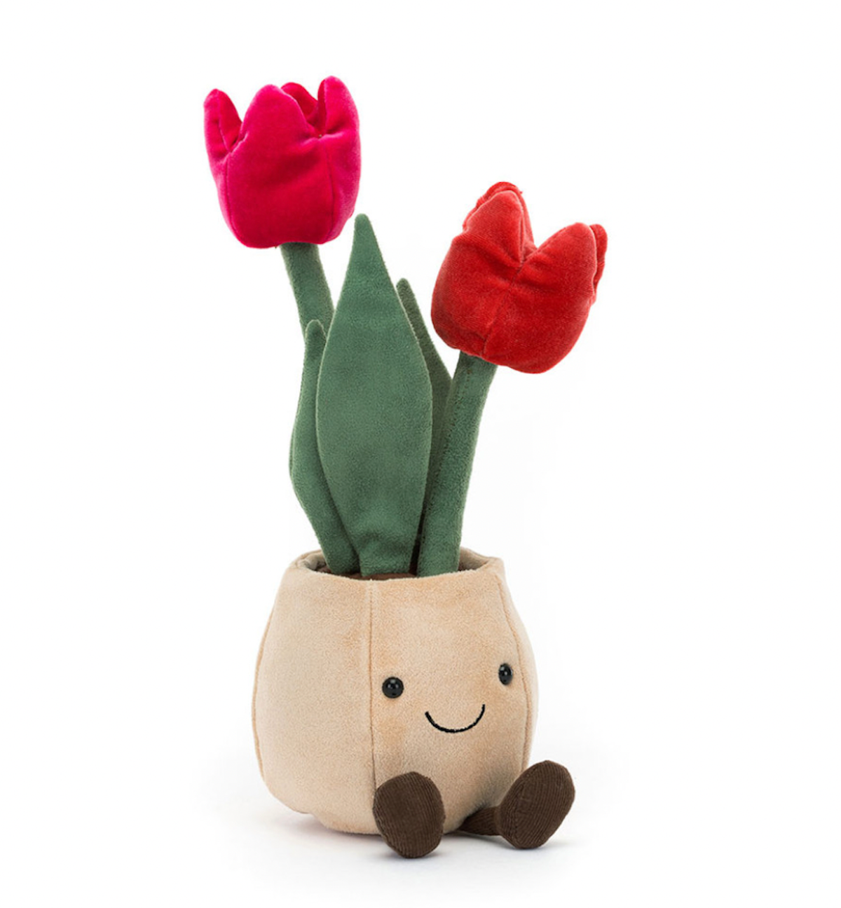 A plush toy depicting a beige pot with two pink tulips and green leaves, designed to look like a cheerful face with brown boots.