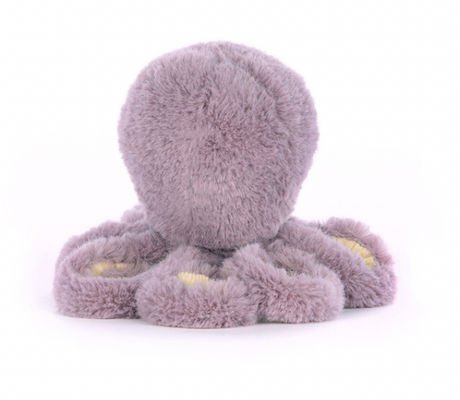 A plush toy resembling a mauve octopus with embroidered features and soft texture.