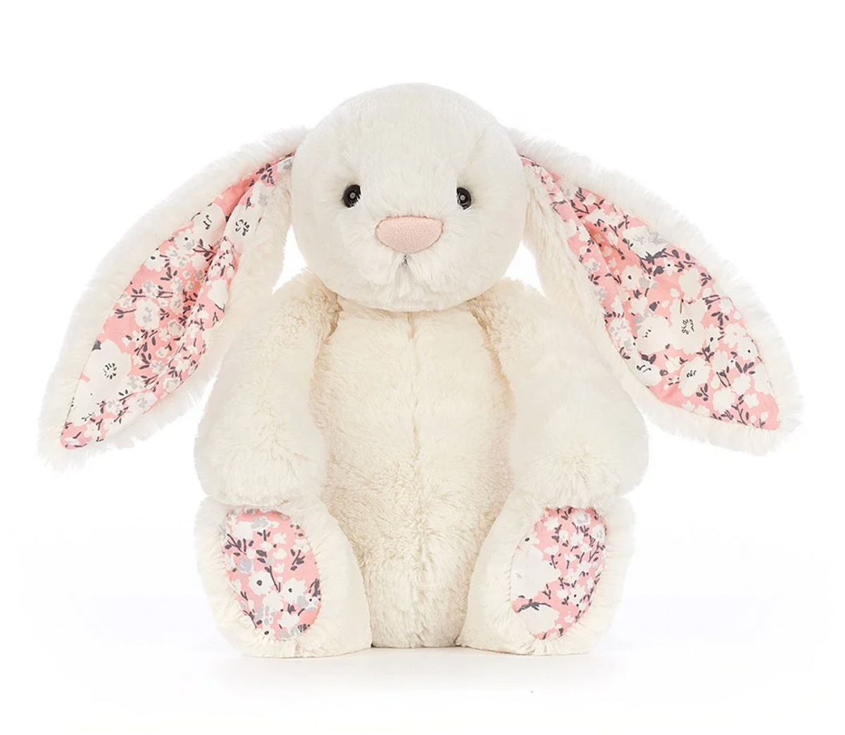 white Soft bunny toy with pink cherry blossom fabric patterned ears and feet 