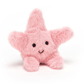 Fluffy pink starfish soft toy with smiley face