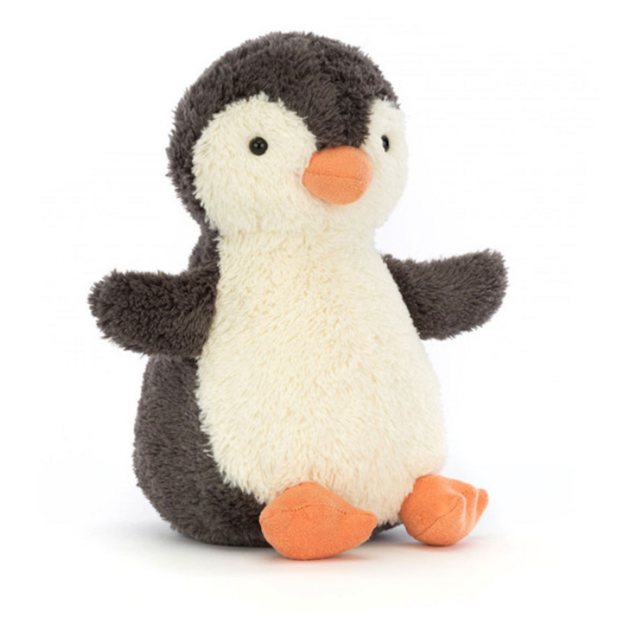 A small plush toy resembling a peanut-shaped penguin with soft grey and white fur, featuring a friendly face and flippers.