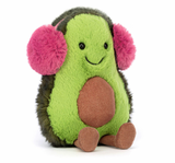 A plush toy resembling an avocado with a smiling face, wearing pink ear muffs, and brown cord boots.
