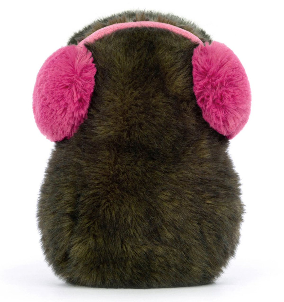 A plush toy resembling an avocado, wearing pink ear muffs, and brown cord boots.