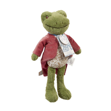 Plush Jeremy Fisher frog toy wearing a red velvet coat with a white label on a white background