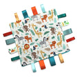 A handmade baby taggy comforter with jungle animal print, backed with plush fabric, and decorated with double-sided satin ribbon tags in various colours.