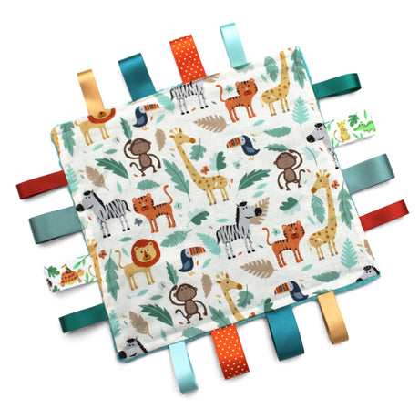 A handmade baby taggy comforter with jungle animal print, backed with plush fabric, and decorated with double-sided satin ribbon tags in various colours.
