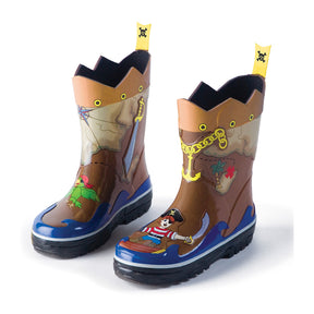 Children's pirate-themed rain boots on a white background