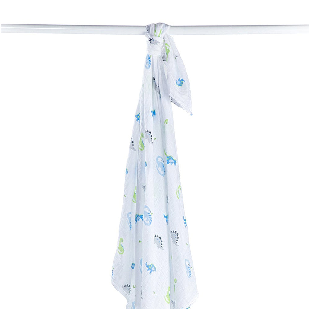 Lulujo 100% cotton swaddle blanket packaging with dinosaur design