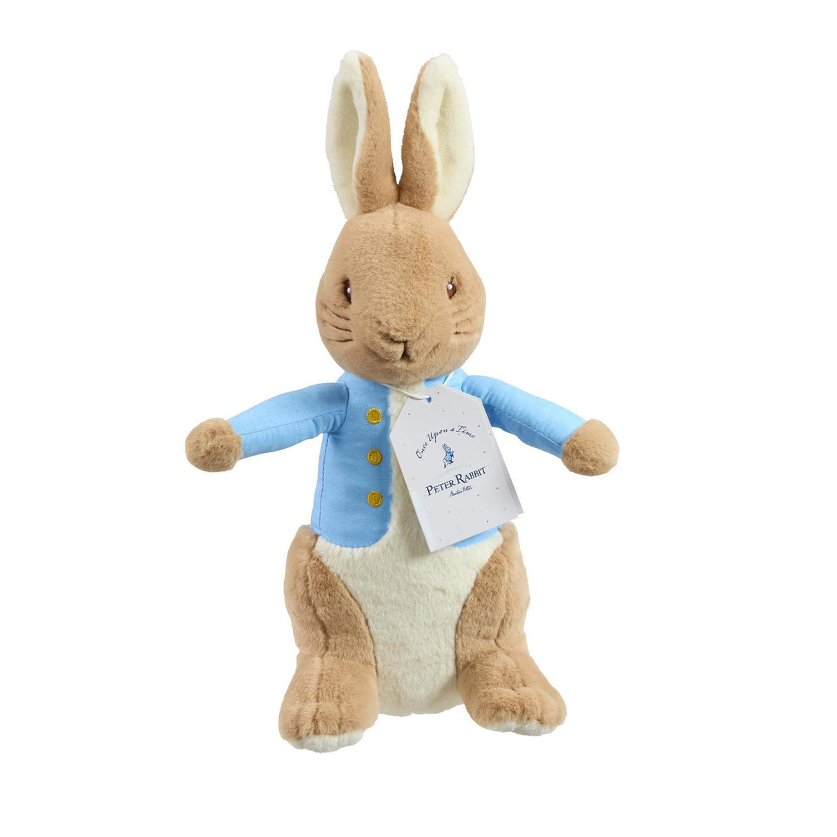 Peter Rabbit soft toy with bright blue waist coat and embroidered gold buttons and swing label tag on white background