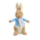 Peter Rabbit soft toy with bright blue waist coat and embroidered gold buttons and swing label tag on white background