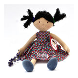 Toy doll with a colourful dress and personalisation on the dress a white background