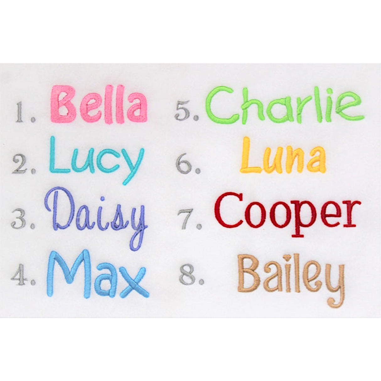 Names embroidered in various colours and typefaces