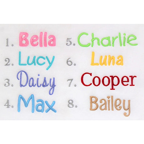 Names embroidered in various colours and typefaces