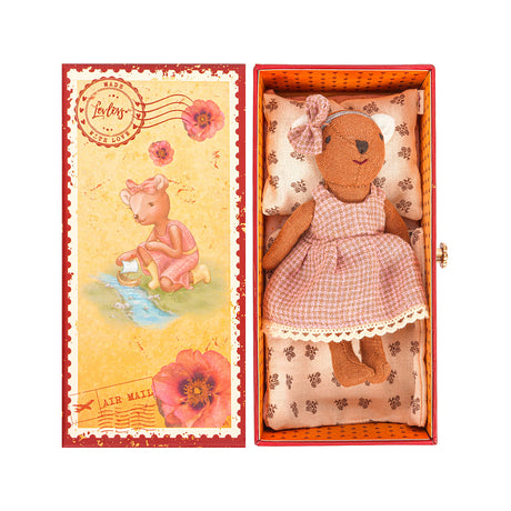 Teddy bear in a dress inside an open box with a decorative cover featuring illustrations of bears and flowers.