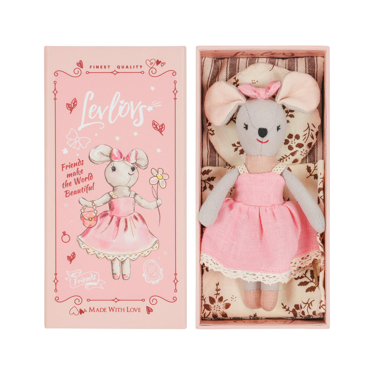 Plush toy mouse in a pink lacy dress with bedding and a matching gift box on a white background