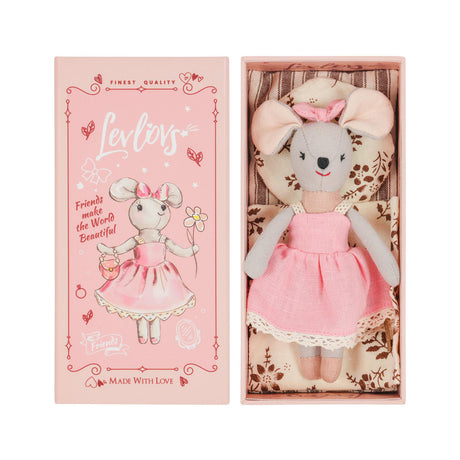 Plush toy mouse in a pink lacy dress with bedding and a matching gift box on a white background