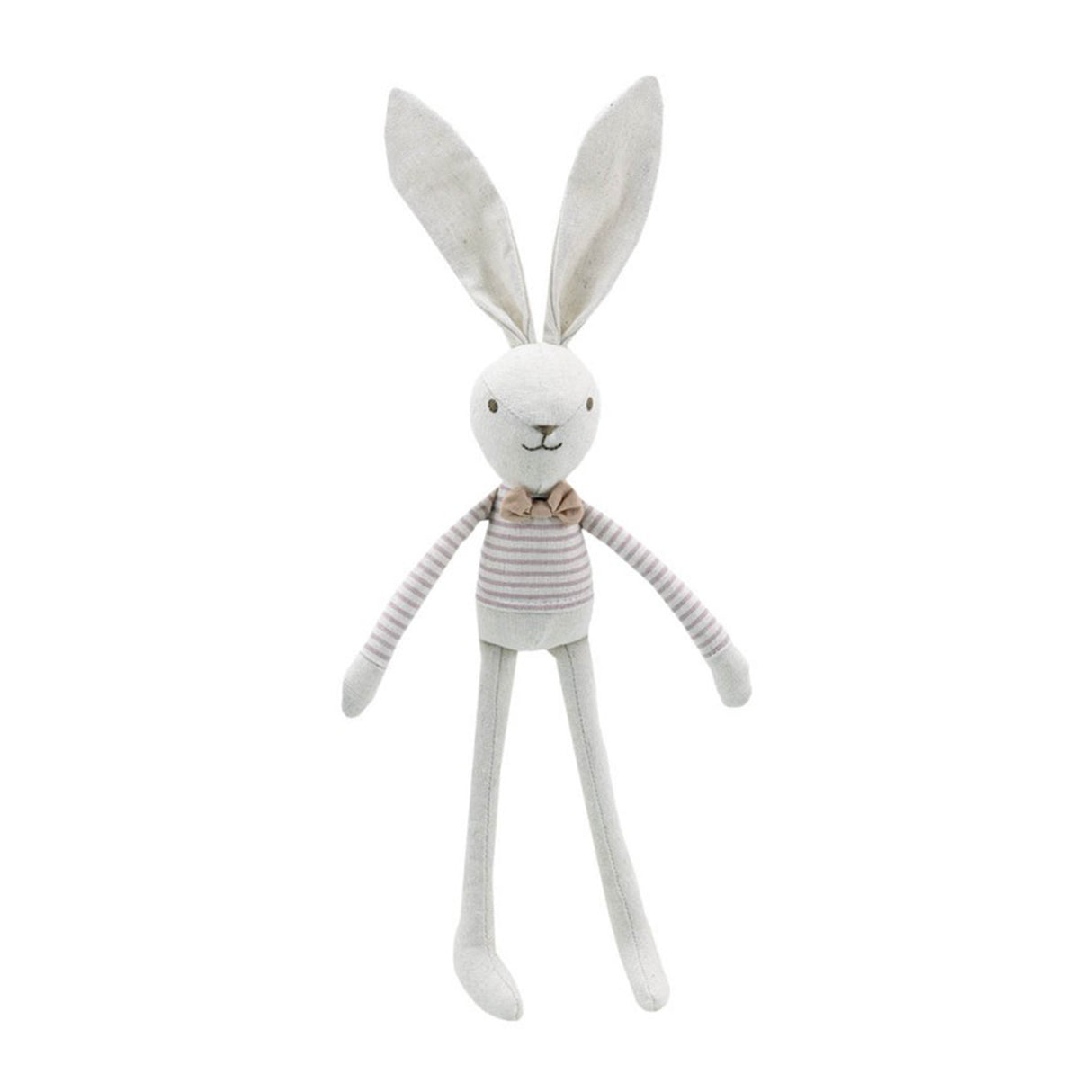 Linen Hare Boy soft toy by Wilberry in sweet linen outfit with stripy top and bow tie
