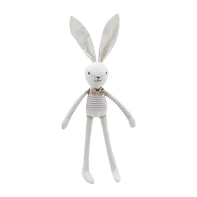 Linen Hare Boy soft toy by Wilberry in sweet linen outfit with stripy top and bow tie
