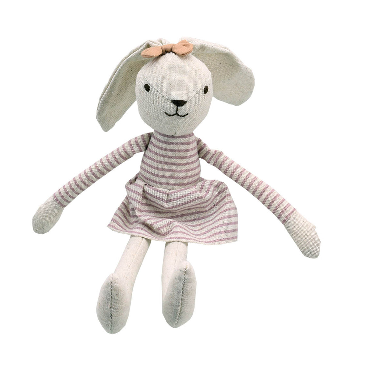 A soft linen stuffed bunny doll with long floppy ears, a pink bow, and a dusty pink-and-white striped dress, photographed on a plain white background.