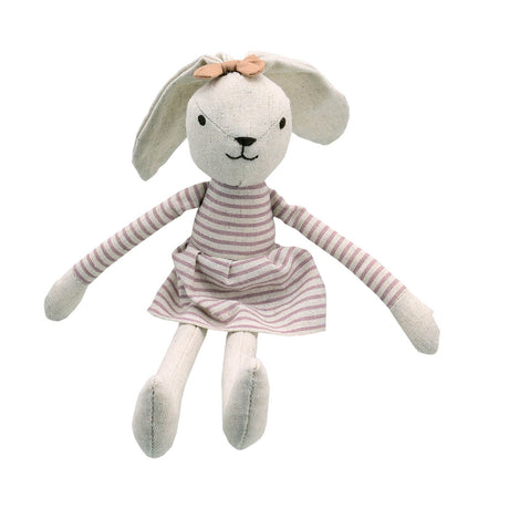 A soft linen stuffed bunny doll with long floppy ears, a pink bow, and a dusty pink-and-white striped dress, photographed on a plain white background.