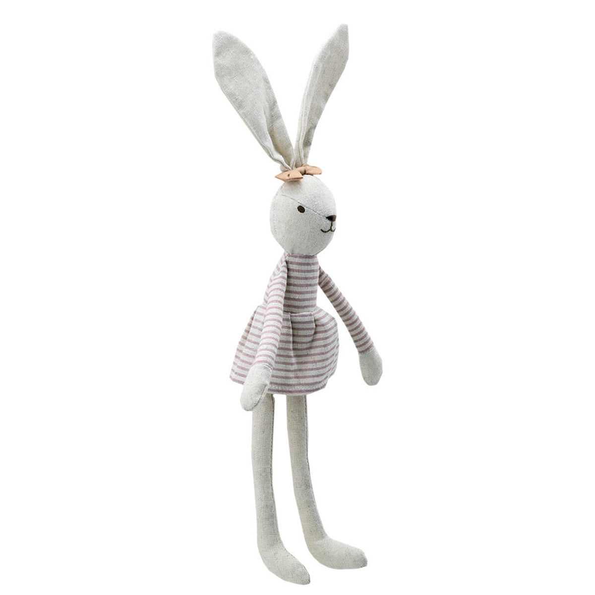 A plush stuffed bunny doll with long ears, a white face, and a pink-and-white striped dress, standing against a plain white background.