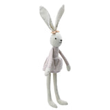 A plush stuffed bunny doll with long ears, a white face, and a pink-and-white striped dress, standing against a plain white background.
