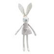 A white linen bunny doll with long ears, a striped dress, and a small bow on its head, photographed against a plain white background.