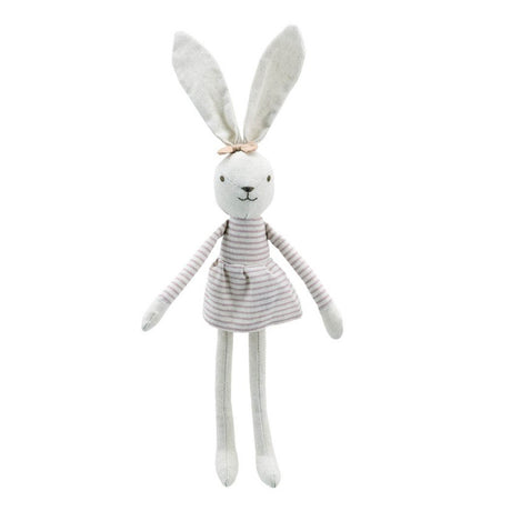 A white linen bunny doll with long ears, a striped dress, and a small bow on its head, photographed against a plain white background.