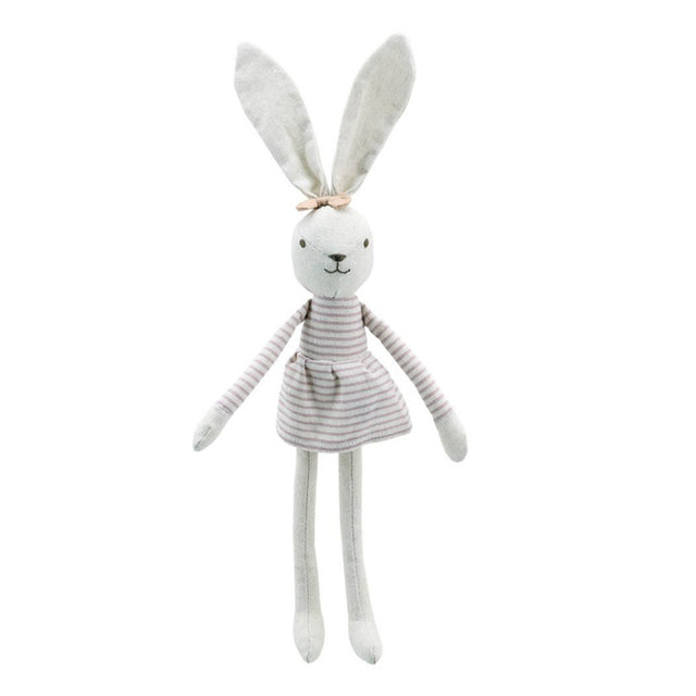 A white linen bunny doll with long ears, a striped dress, and a small bow on its head, photographed against a plain white background.