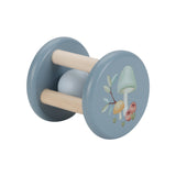 Blue Wooden baby rattle toy with toadstool and leaf design on a white background