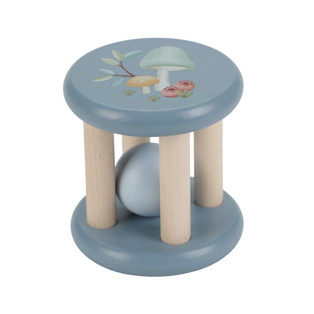 Baby wooden rattle with mushroom design on a white background