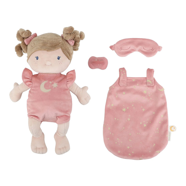 Pink soft baby doll outfit with matching sleep mask, dummy and bag