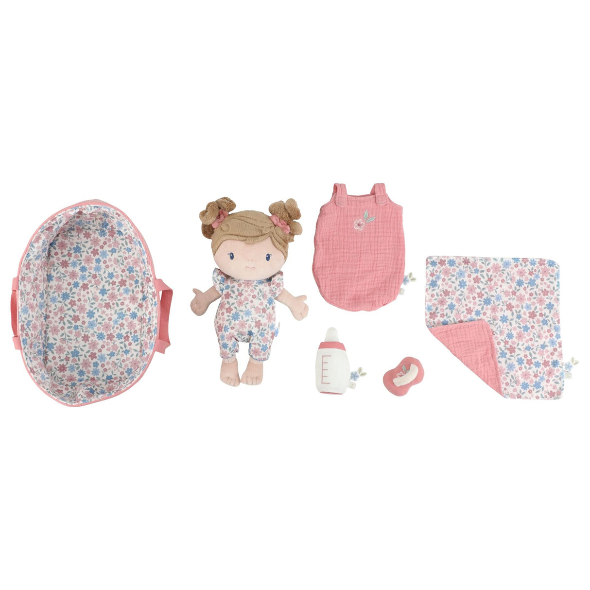Baby doll and accessories set with floral and pink elements on a white background