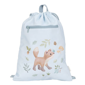 Little Dutch Light blue drawstring gym bag with a fox and nature-themed design