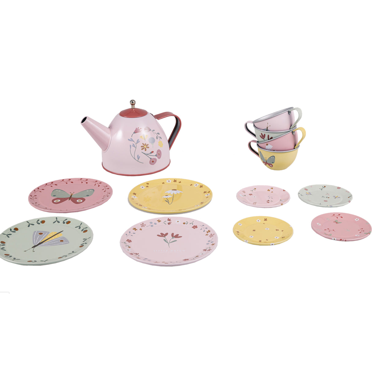 Children's tin tea set with pink teapot, cups, and saucers on a white background